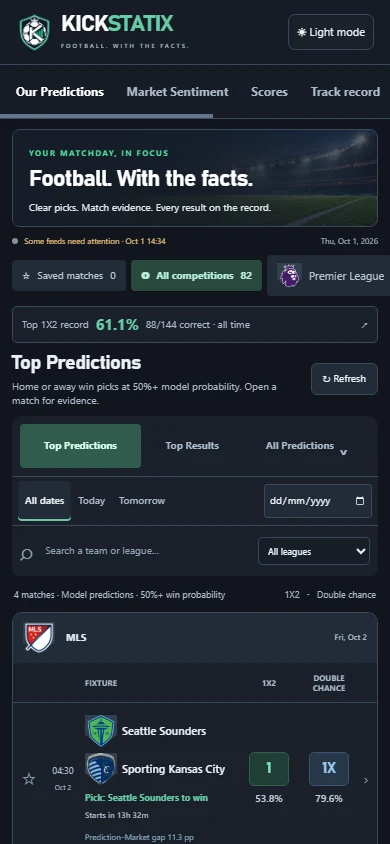 Kickstatix public football product on mobile