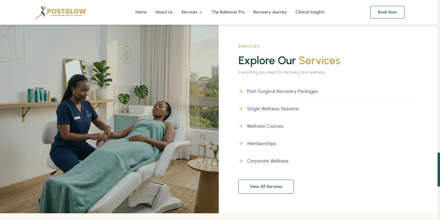 Post Glow Kenya website showing its recovery and wellness service categories