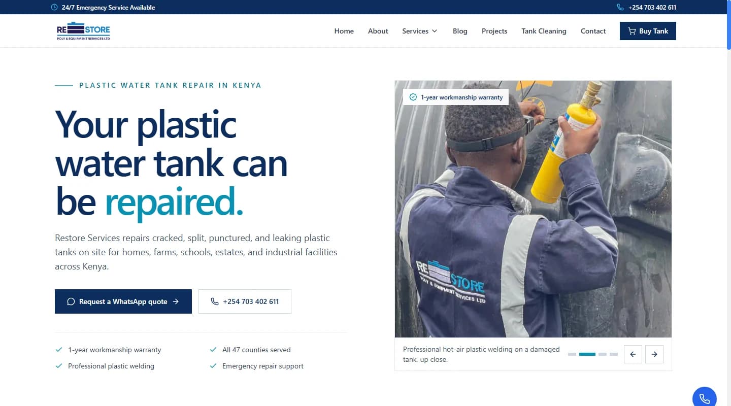 Restore Services desktop website introducing plastic water tank repair with on-site project photography