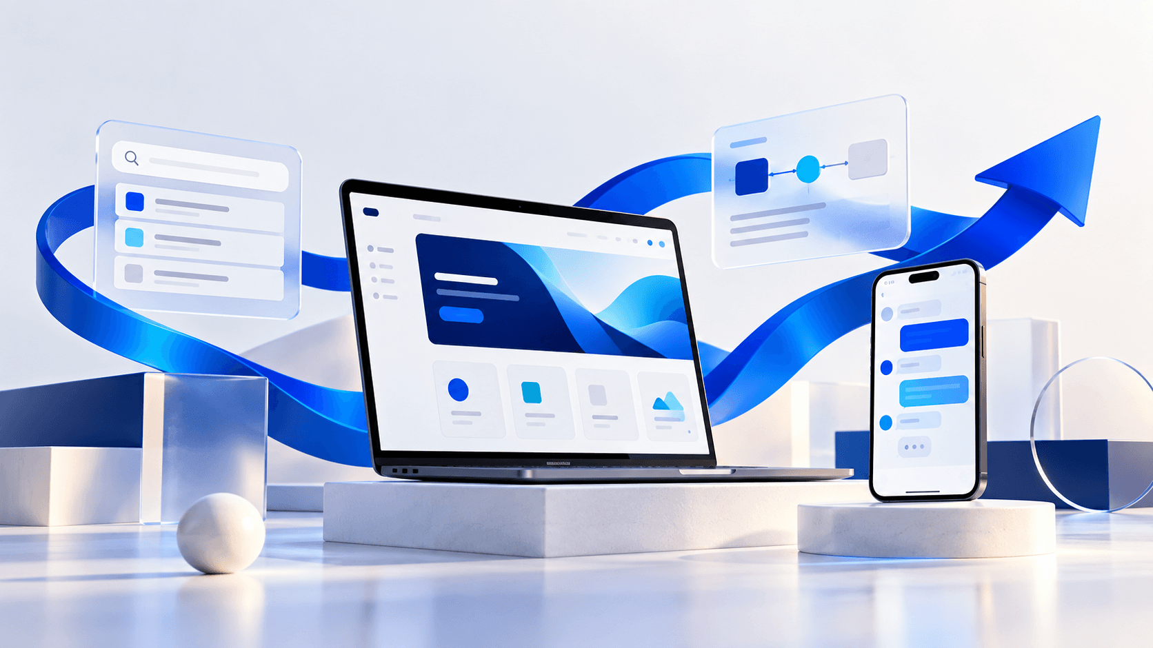Original Taskflow illustration of a website, mobile conversation and workflow connected by a blue ribbon
